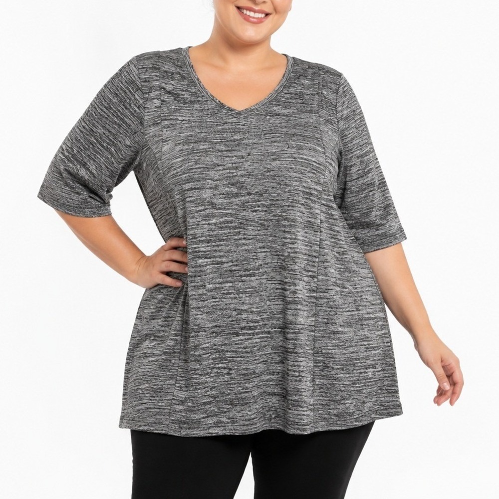 Catherines Top Women 2X Black Space Dye V-Neck Lattice Strappy A-Line Casual